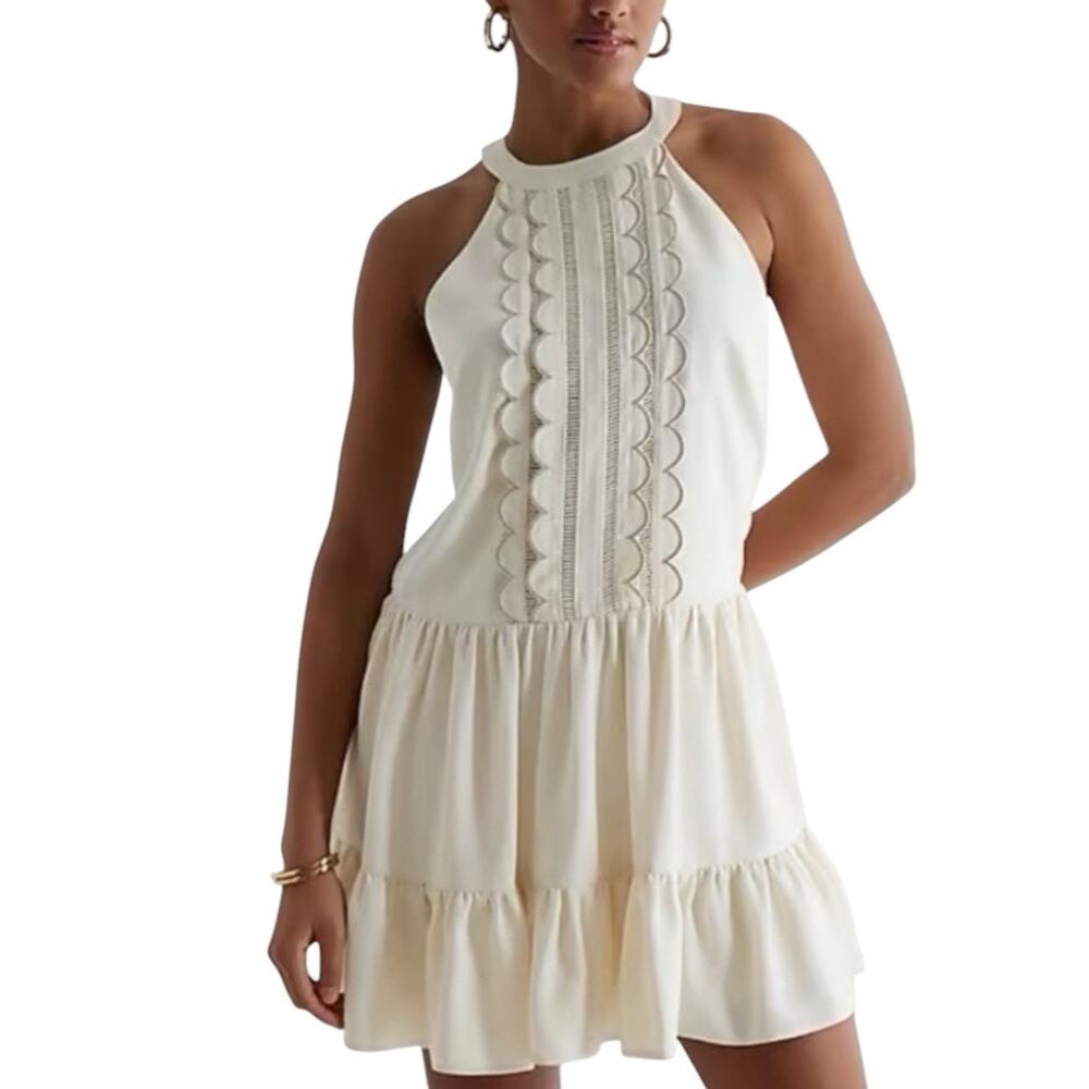 Express Cream Scallood Front Halter Style Tiered Short Sleeveless Dress NWT sz S